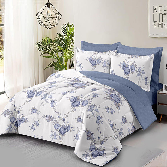 Спално бельо от 100% памук – бяло и синьо с рози и листенца