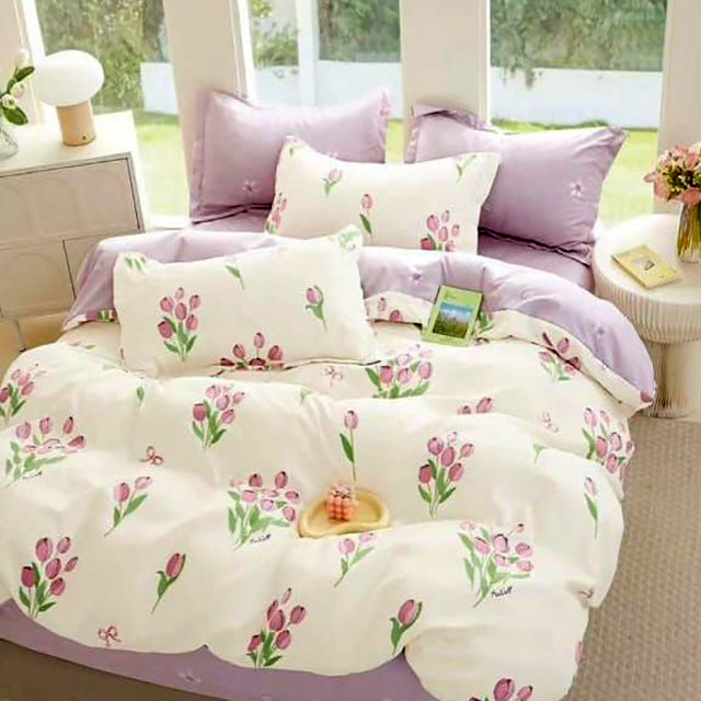 Спално бельо от 100% памук – цвят крем с лалета