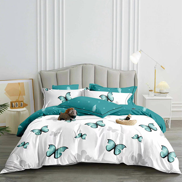 Спално бельо от 100% памук – бяло и тюркоаз с пеперуди