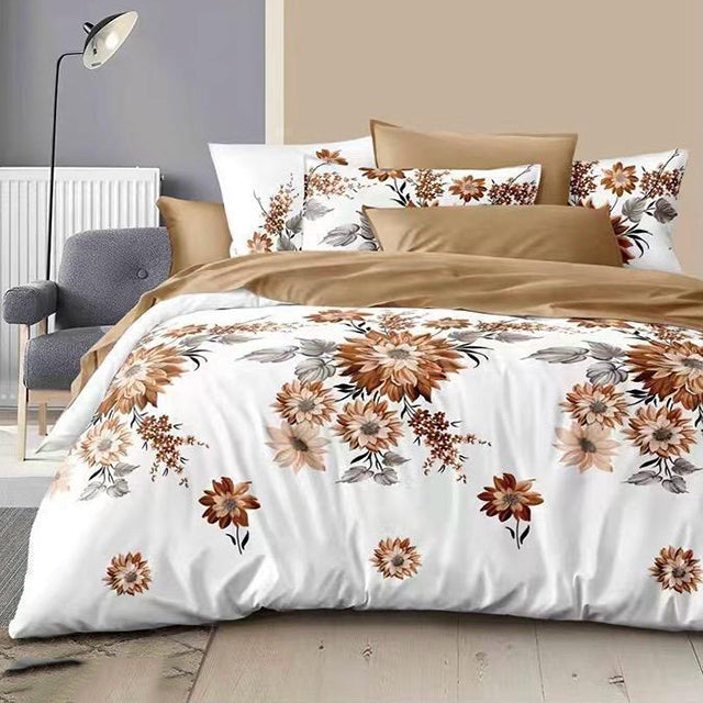 Спално бельо от 100% памук – бяло и кафяво с листа