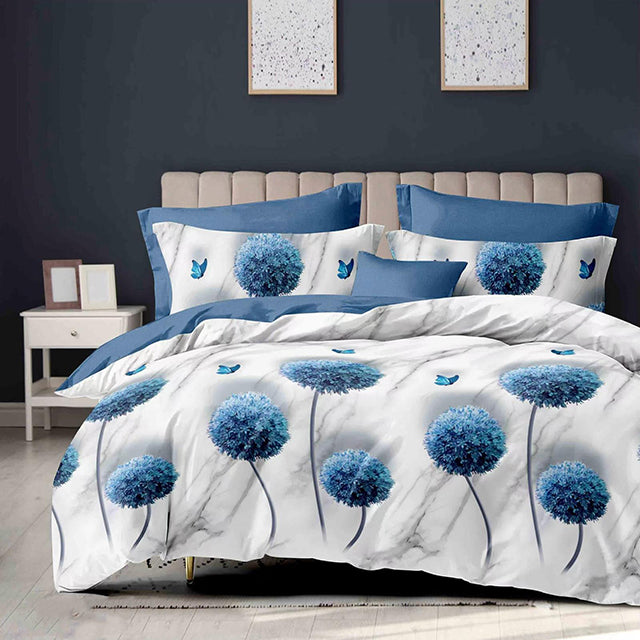 Спално бельо от 100% памук – бяло и синьо с глухарчета и пеперуди