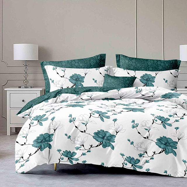 Спално бельо от 100% памук – бяло и зелено с цветя