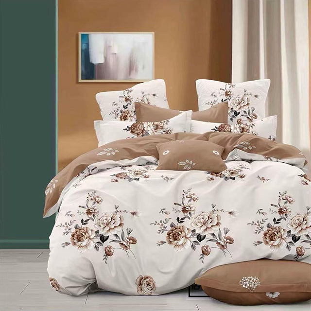 Спално бельо от 100% памук – бежово и кафяво с цветчета
