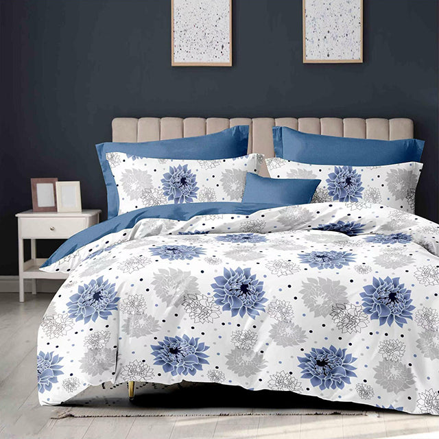 Спално бельо от 100% памук – бяло и синьо с цветя