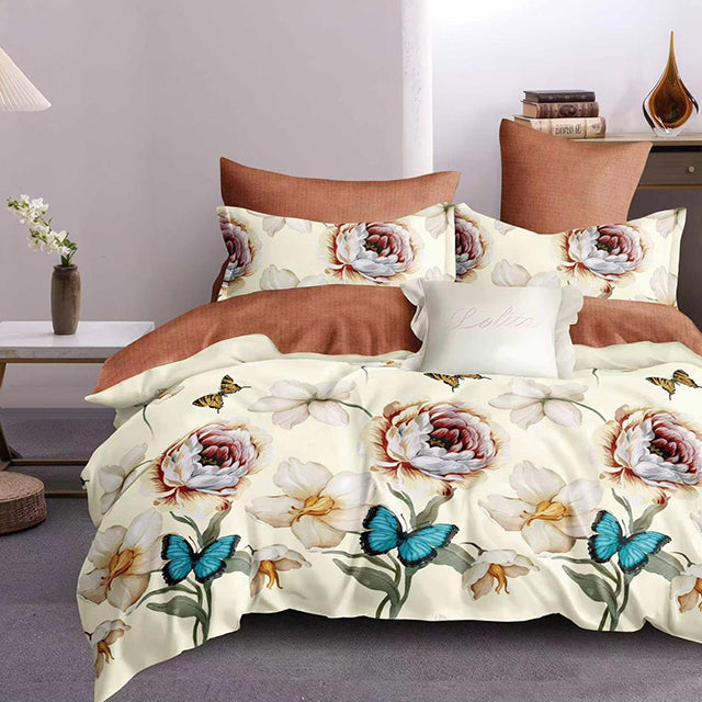 Спално бельо от 100% памук – цвят крем и кафяво с пеперуди и цветя
