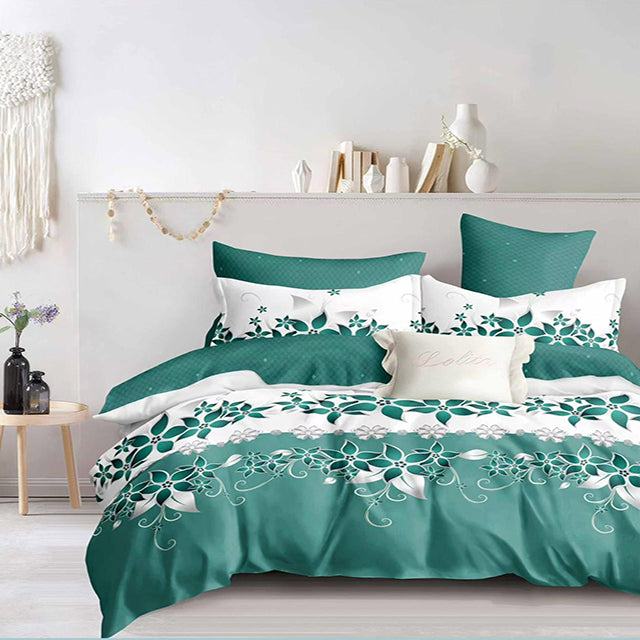 Спално бельо от 100% памук – бяло и зелено с цветя