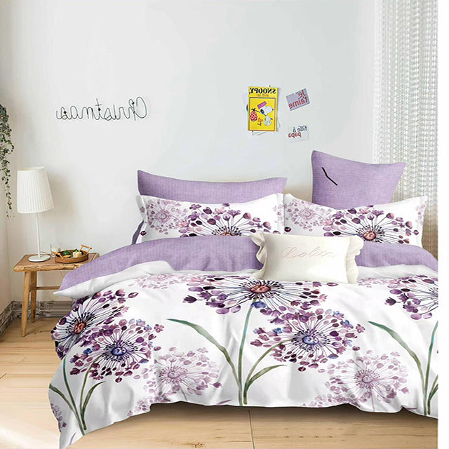 Спално бельо от 100% памук – бяло и лилаво с глухарчета