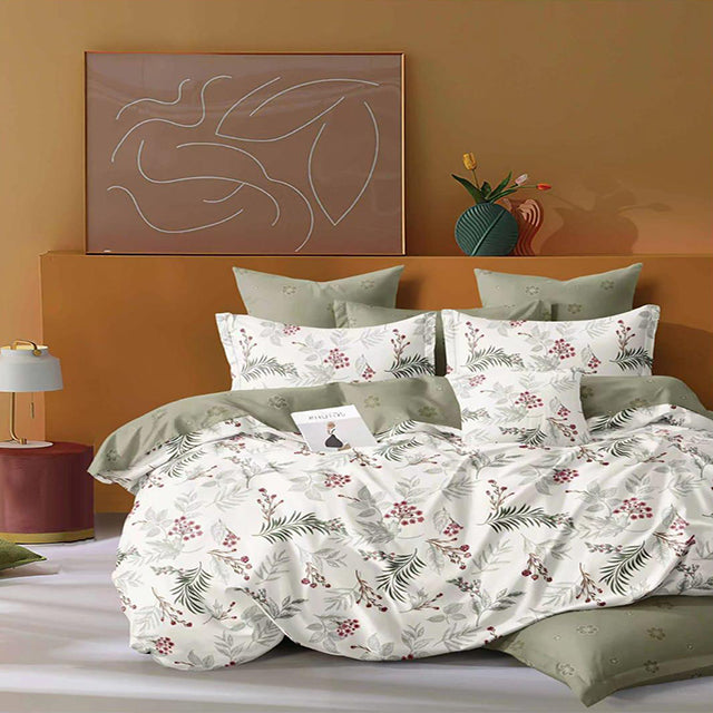 Спално бельо от 100% памук – бяло с клонки и листа