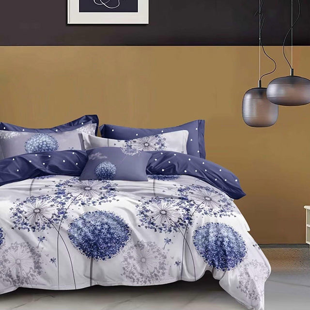 Спално бельо от 100% памук – бяло и лилаво с глухарчета