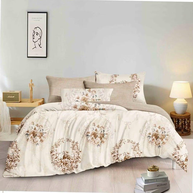 Спално бельо от 100% памук – цвят крем и бежово с флорални венци