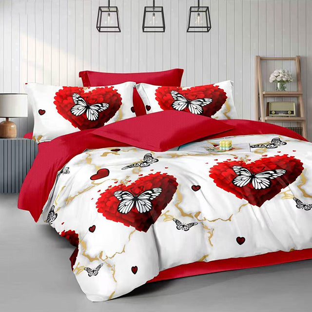 Спално бельо от 100% памук – бяло и сиво със сърца и пеперуди