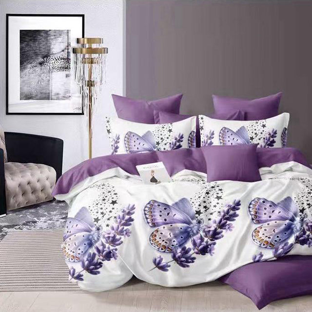 Спално бельо от 100% памук – бяло и лилаво с пеперуди