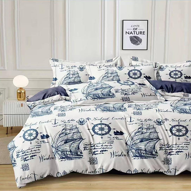 Спално бельо от 100% памук – бяло и синьо с морски орнаменти
