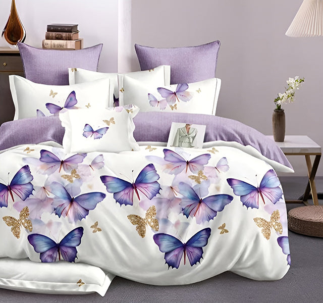 Спално бельо от 100% памук – бяло и лилаво с пеперуди