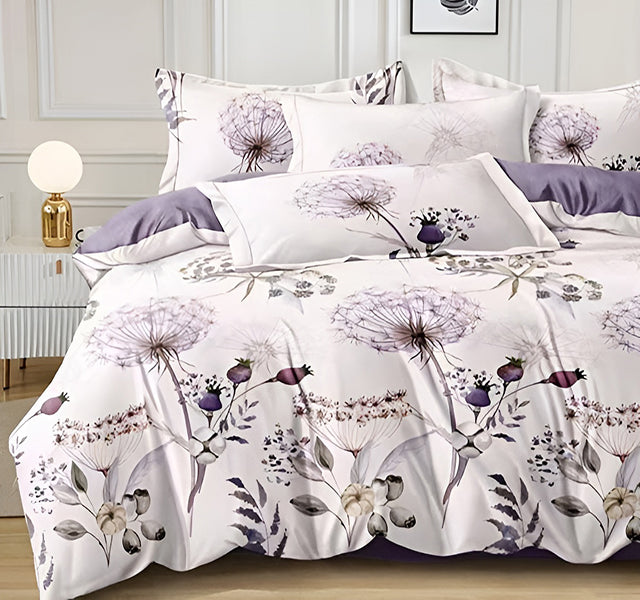 Спално бельо от 100% памук – бяло и лилаво с глухарчета