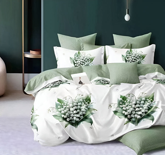 Спално бельо от 100% памук – бяло и светлозелено с момина сълза