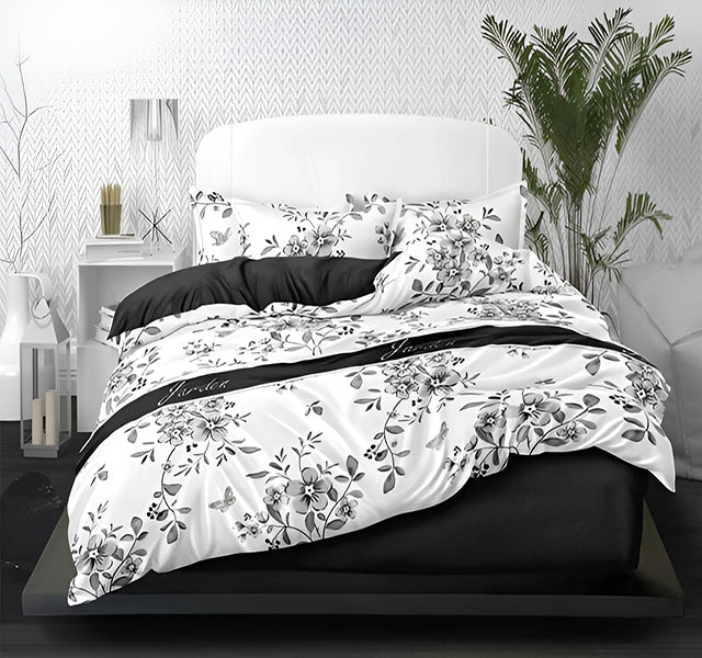Спално бельо от 100% памук – бяло и тъмносиво с цветя и листа