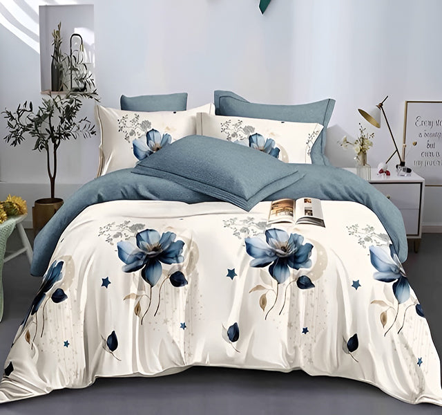 Спално бельо от 100% памук – бяло и синьо с цветя