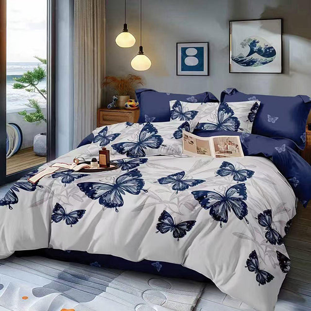 Спално бельо от 100% памук – бяло и тъмносиньо с пеперуди