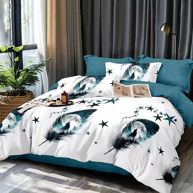 Спално бельо от 100% памук – бяло и синьо с пера и звезди