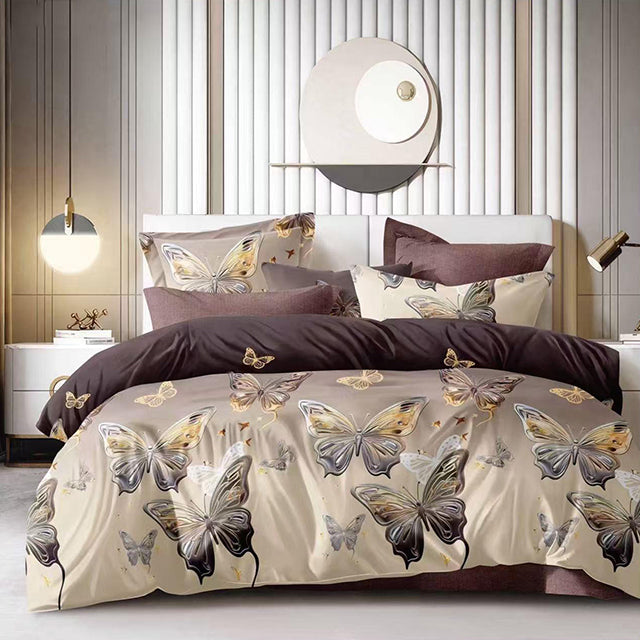 Спално бельо от 100% памук – бежово и кафяво с пеперуди