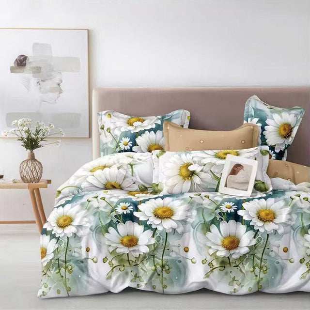 Спално бельо от 100% памук – бяло и бежово с маргаритки