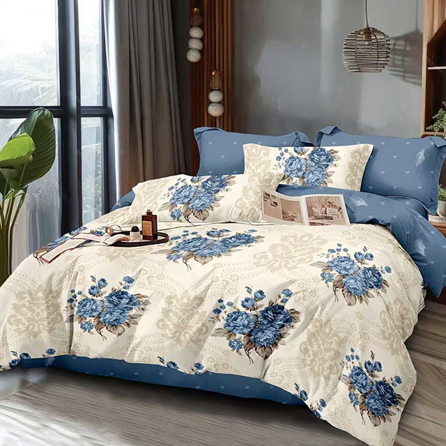 Спално бельо от 100% памук – бяло и синьо с цветя