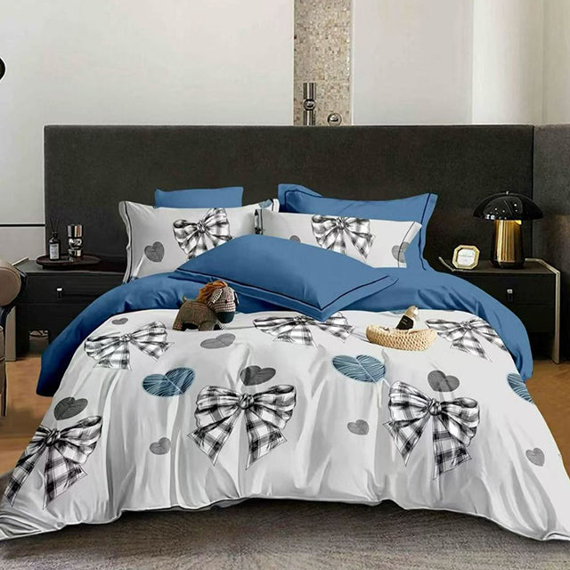 Спално бельо от 100% памук - сиво и синьо с панделки