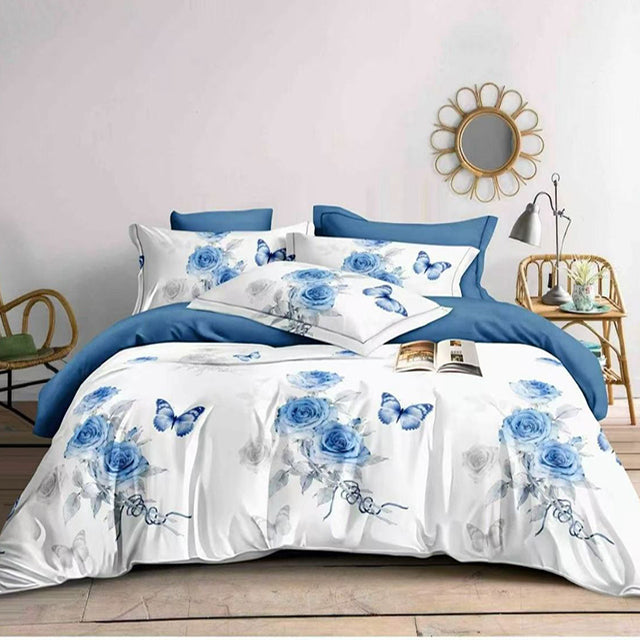 Спално бельо от 100% памук - бяло и синьо с рози и пеперуди