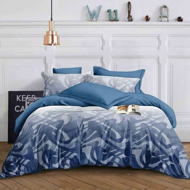 Спално бельо от 100% памук - бяло и синьо с интересен дизайн