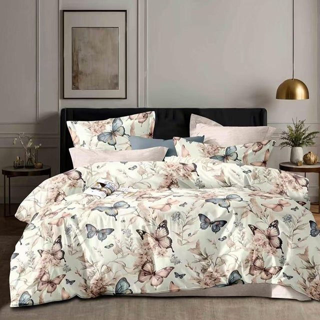 Спално бельо от 100% памук – цвят крем с пеперуди