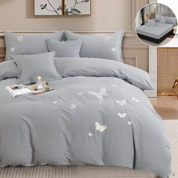 Едноцветно спално бельо с ластик – сиво с пеперуди