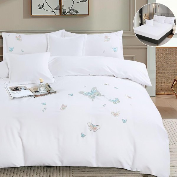 Едноцветно спално бельо с ластик – бяло с пеперуди