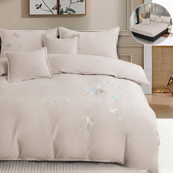 Едноцветно спално бельо с ластик – бежово с пеперуди