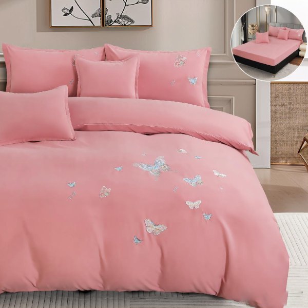 Едноцветно спално бельо с ластик – розово с пеперуди