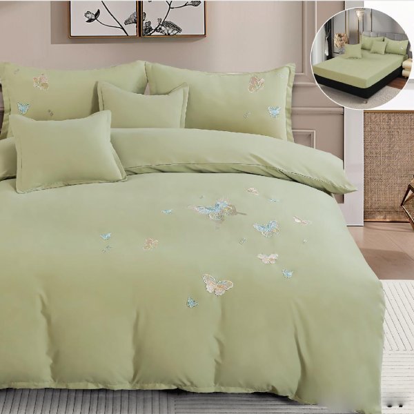 Едноцветно спално бельо с ластик – зелено с пеперуди