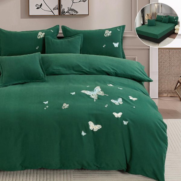 Едноцветно спално бельо с ластик – тъмнозелено с пеперуди