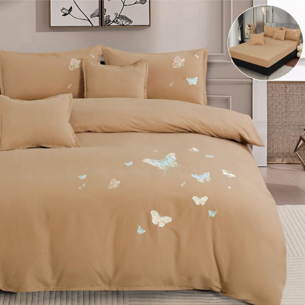 Едноцветно спално бельо с ластик – кафяво с пеперуди