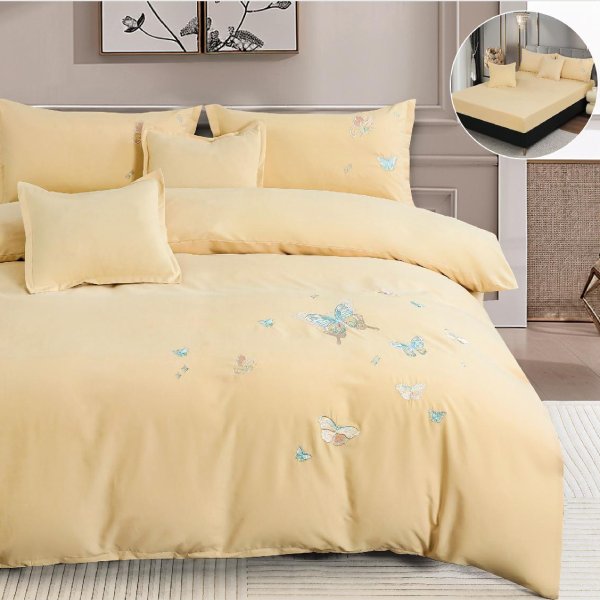 Едноцветно спално бельо с ластик – жълто с пеперуди