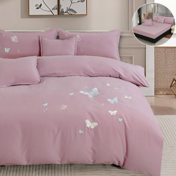 Едноцветно спално бельо с ластик – лилаво с пеперуди