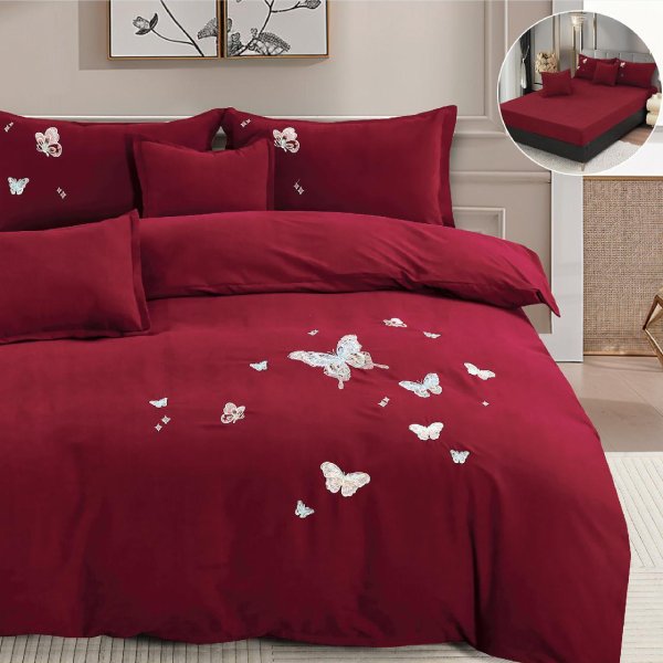 Едноцветно спално бельо с ластик – бордо с пеперуди