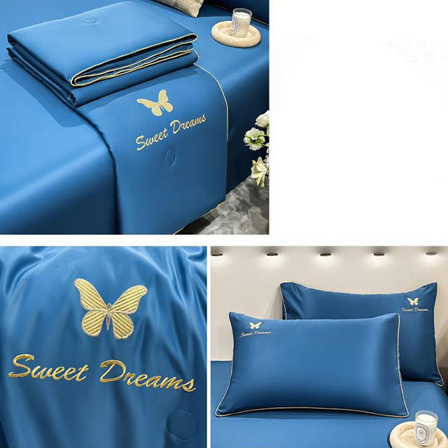 Луксозно спално бельо с нежно покривало и бродерия – синьо