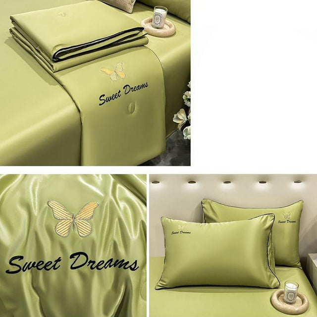 Луксозно спално бельо с нежно покривало и бродерия – светлозелено