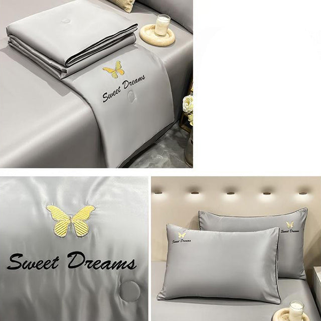 Луксозно спално бельо с нежно покривало и бродерия – сиво