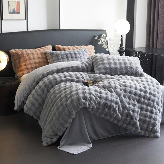 Луксозно спално бельо с изкуствен косъм от норка - сиво 