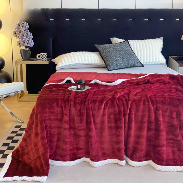 Плюшено одеяло с къс изкуствен заешки косъм – бордо –  FJ-04