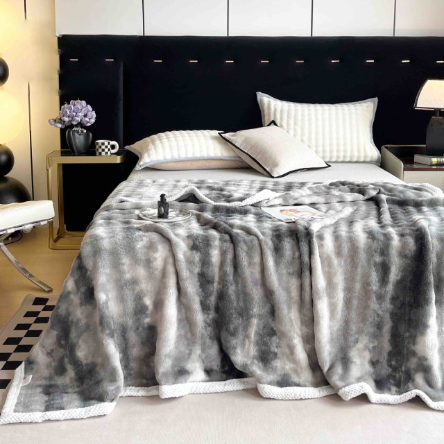 Плюшено одеяло с къс изкуствен заешки косъм – петнисто сиво –  FJ-02