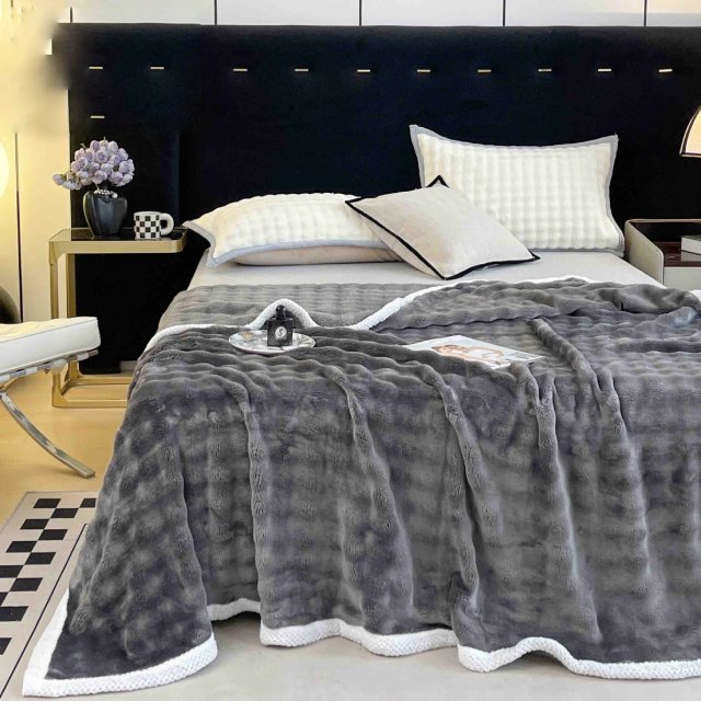 Плюшено одеяло с къс изкуствен заешки косъм – тъмносиво –  FJ-09