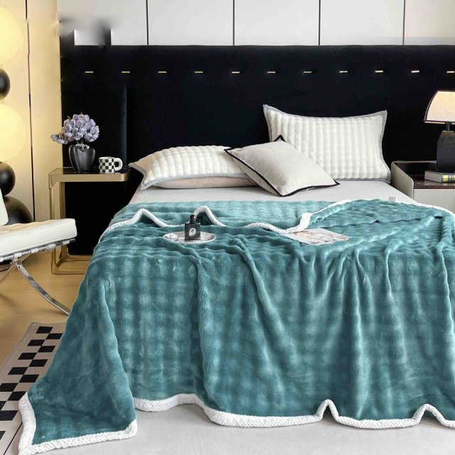 Плюшено одеяло с къс изкуствен заешки косъм – тюркоаз –  FJ-06