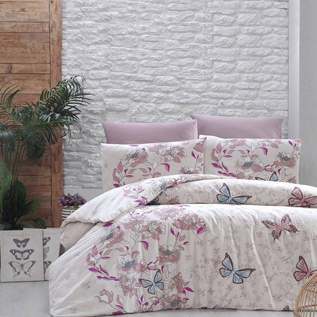 Спално бельо с 2 плика от ранфорс памук – кремаво бяло и розово с пеперуди и цветя